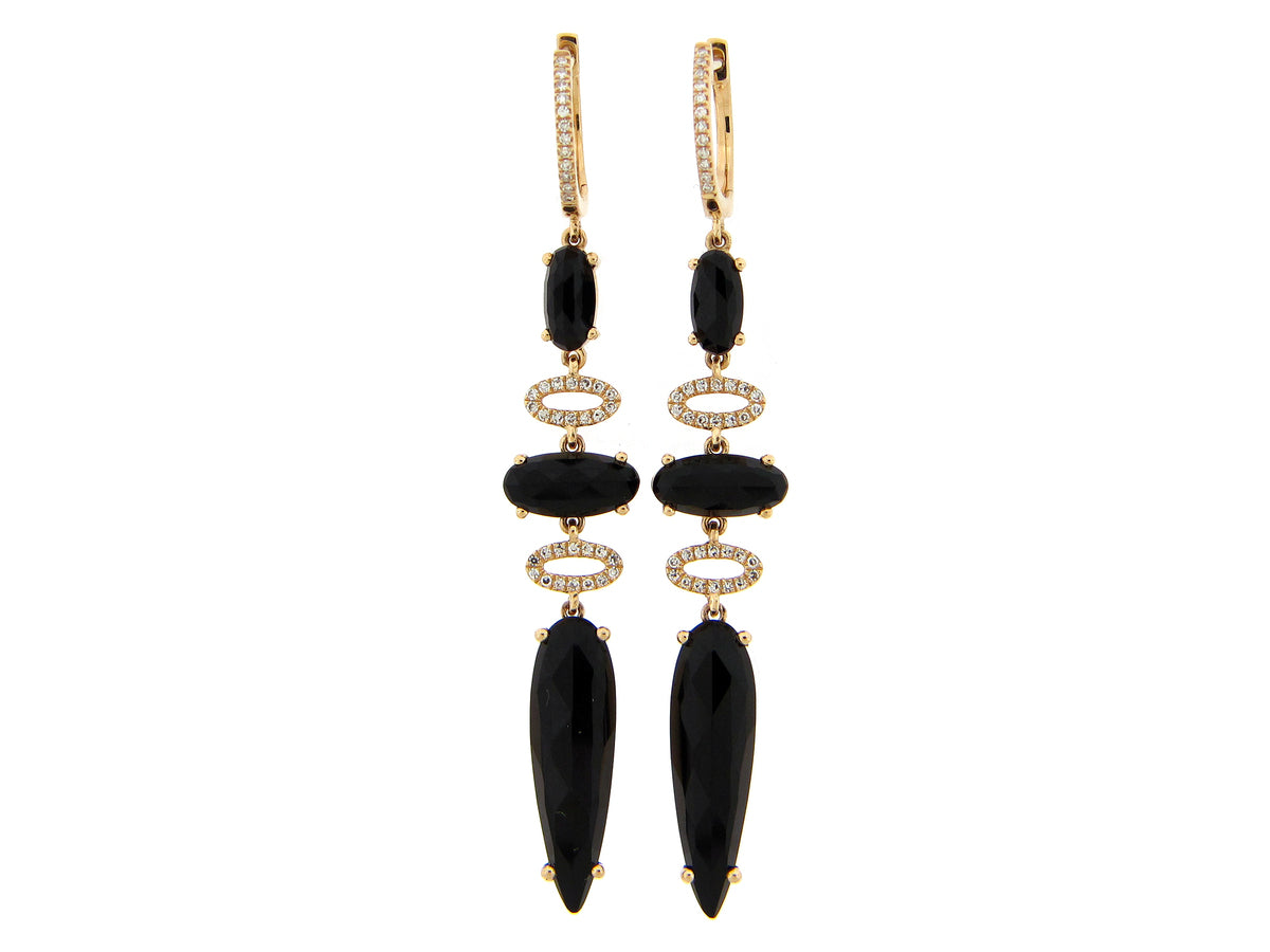 BLACK ONYX & DIAMOND 3 STATION DROP EARRING, 14KY (D)