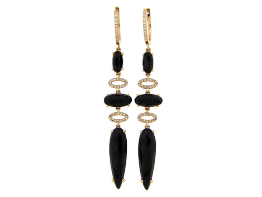 BLACK ONYX & DIAMOND 3 STATION DROP EARRING, 14KY (D)
