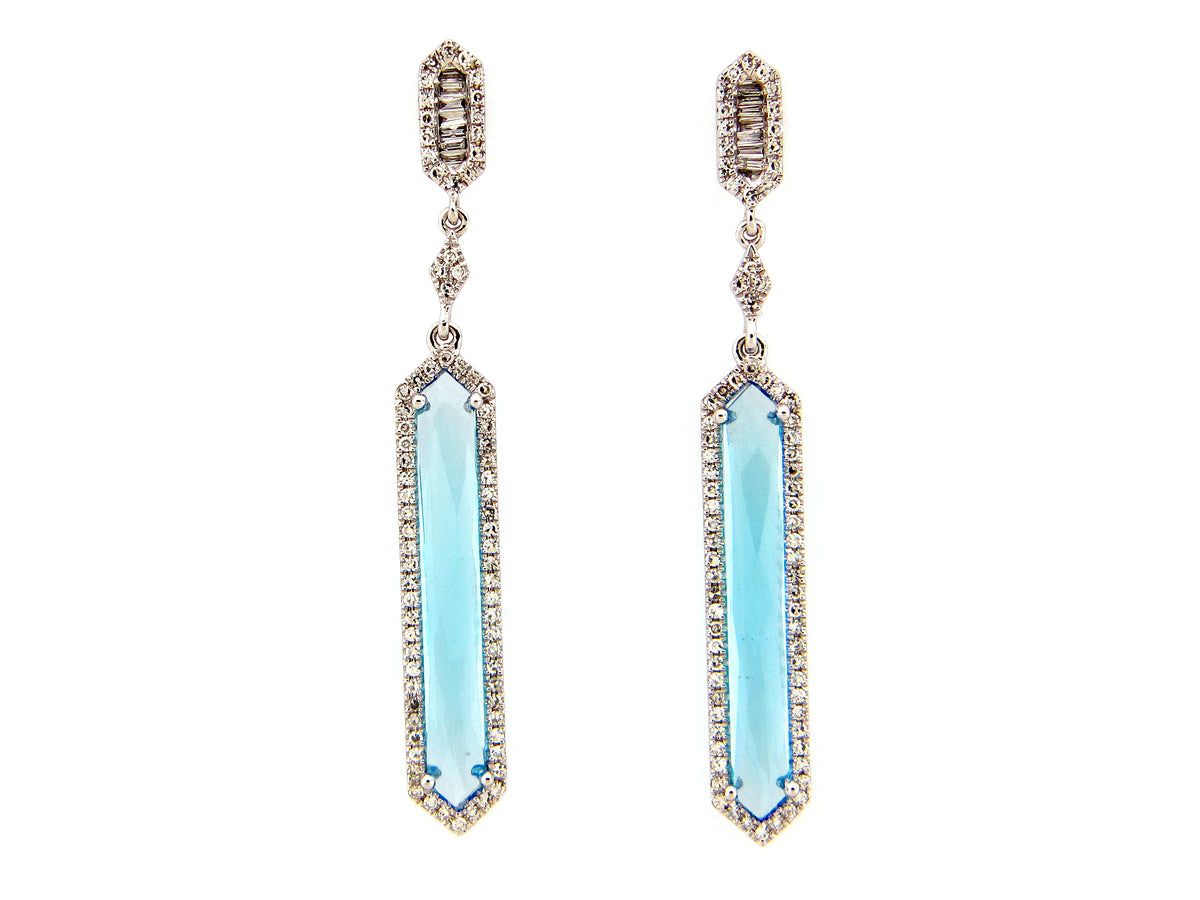 BLUE TOPAZ BAR& DIAMOND DANGLE EARRING, 14KW (R)