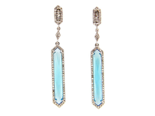 BLUE TOPAZ BAR& DIAMOND DANGLE EARRING, 14KW (R)