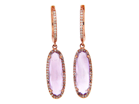 PINK AMETHYST & DIAMOND OVAL DROP EARRING, 14KR (H)