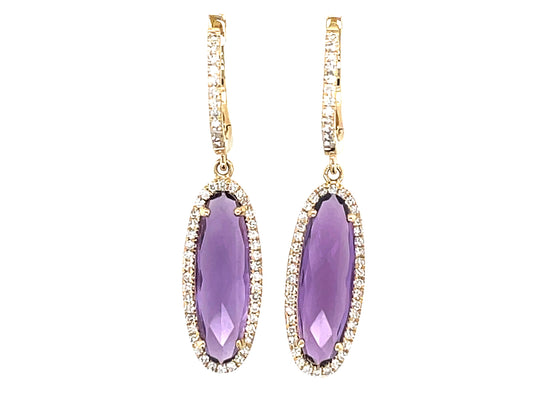 AMETHYST & DIAMOND OVAL DROP EARRING, 14KY (H)