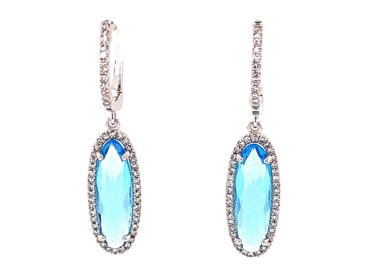 BLUE TOPAZ & DIAMOND OVAL DROP EARRING, 14KW (R)
