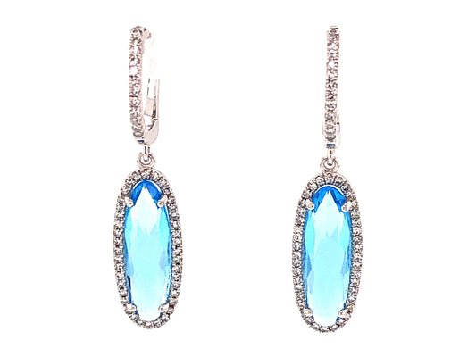 BLUE TOPAZ & DIAMOND OVAL DROP EARRING, 14KW (R)