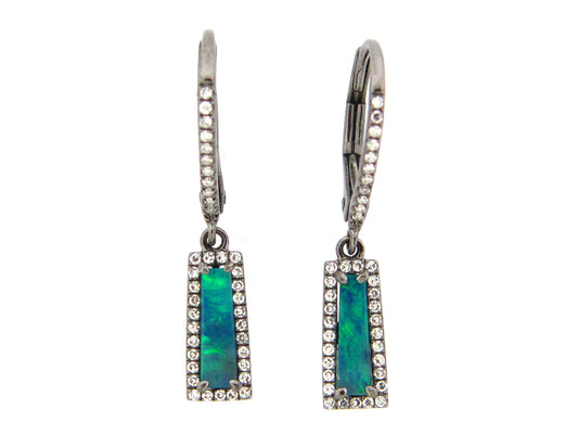 BLACK OPAL DOUBLET & DIAMOND EARRING, 14K BLACK FINISH