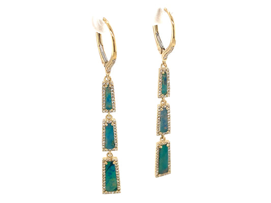 BLACK OPAL DOUBLET & DIAMOND 3 STATION RECTANGLE EARRING, LEVERBACK