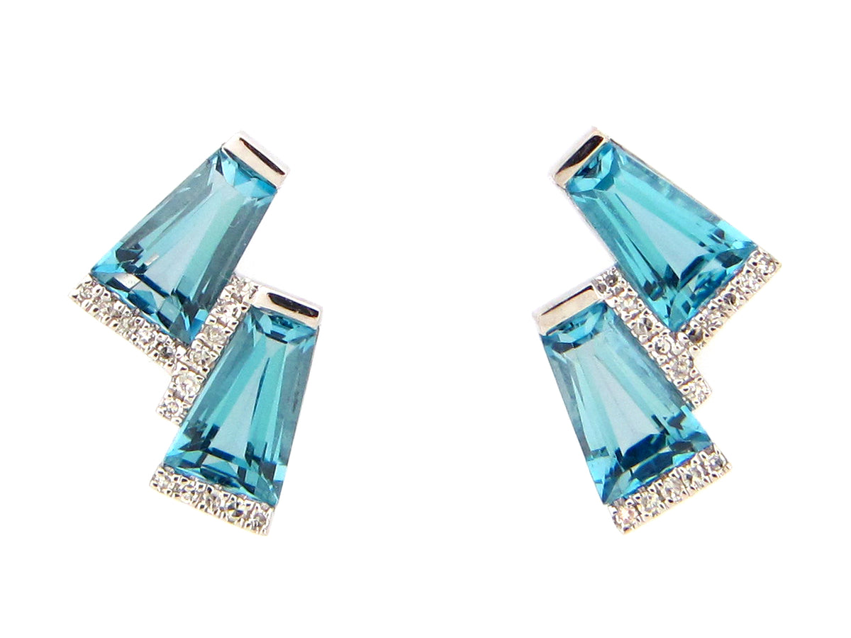 BLUE TOPAZ STACKED TRAPEZOID & DIAMOND STUD EARRING, 14KW (R)