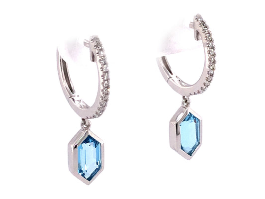 BLUE TOPAZ BEZEL HEXAGON & DIAMOND DANGLE EARRING