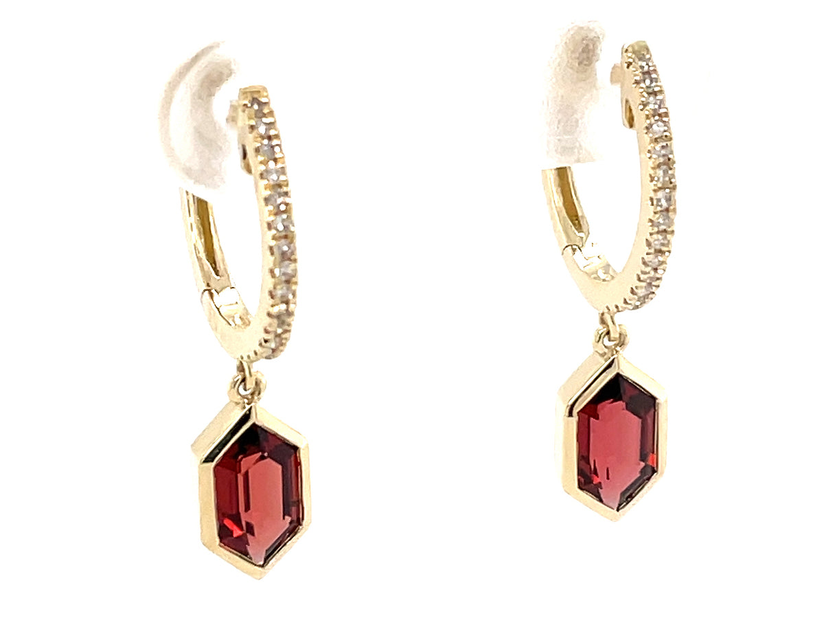 GARNET BEZEL HEXAGON & DIAMOND DANGLE EARRING