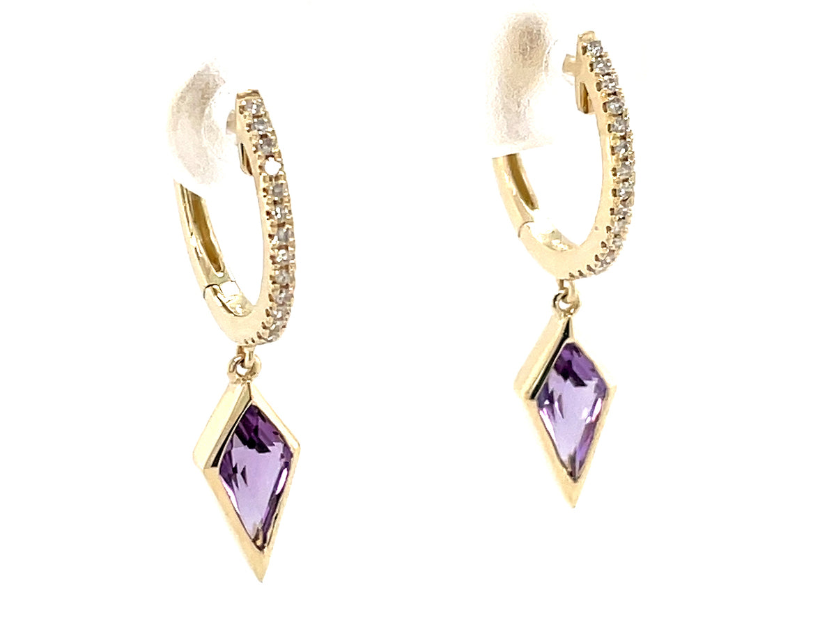 AMETHYST BEZEL TRAPEZOID & DIAMOND DANGLE EARRING