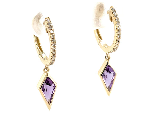 AMETHYST BEZEL TRAPEZOID & DIAMOND DANGLE EARRING