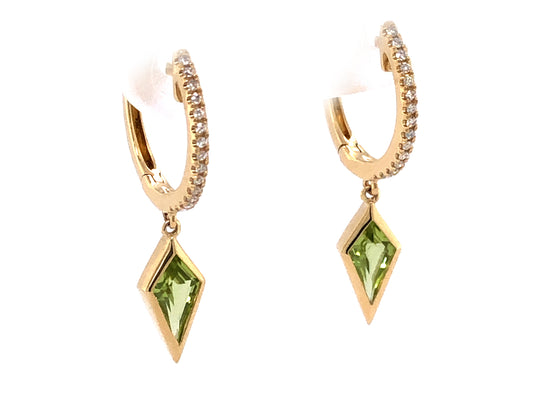 PERIDOT BEZELTRAPEZOID & DIAMOND DANGLE EARRING