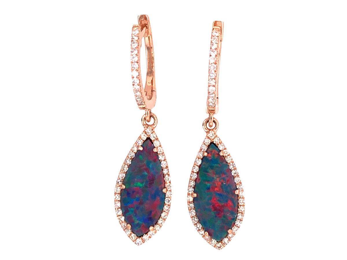 BLACK OPAL DOUBLET & DIAMOND MARQUISE DANGLE EARRING