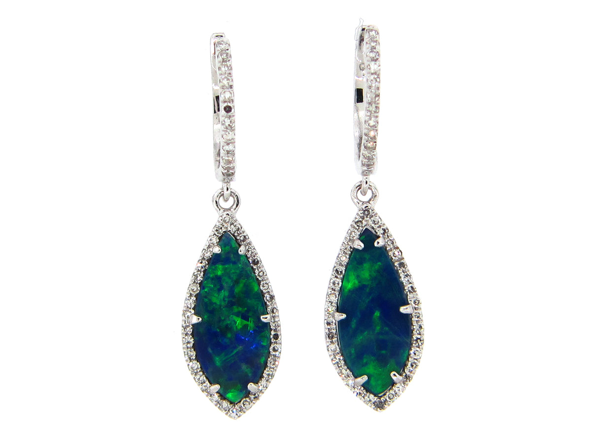BLACK OPAL DOUBLET & DIAMOND MARQUISE DANGLE EARRING