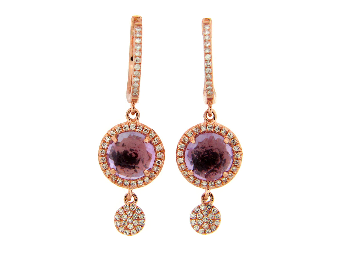 PINK AMETHYST & DIAMOND DISC CHARM EARRING, 14KR (H)
