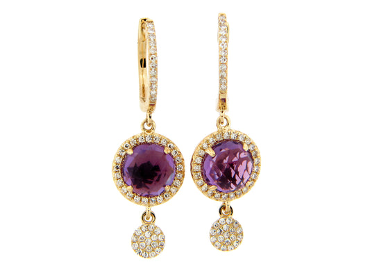 AMETHYST & DIAMOND DISC CHARM EARRING, 14KY (H)