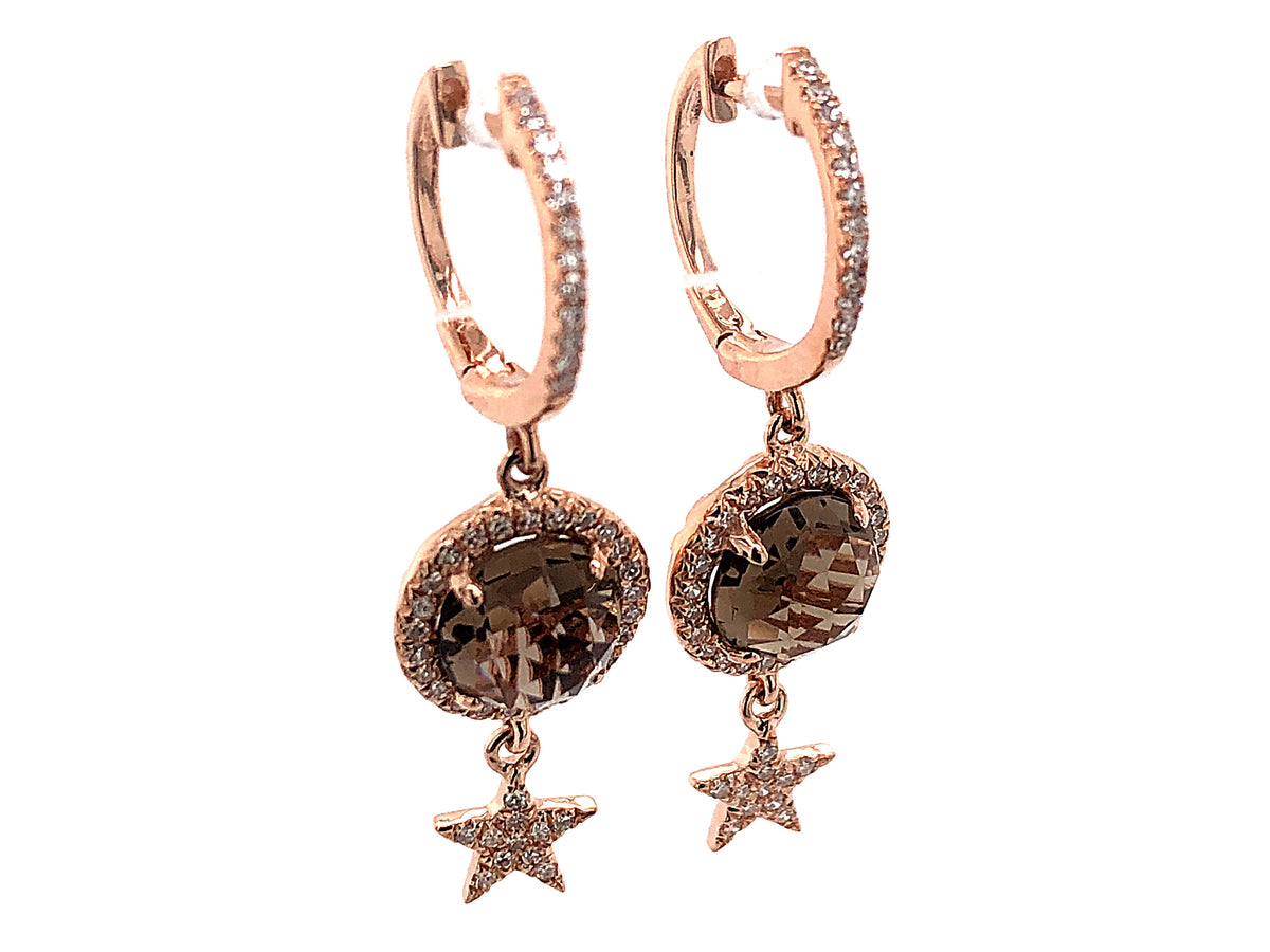 SMOKEY QUARTZ & DIAMOND STAR CHARM EARRING, 14KR (H/N)