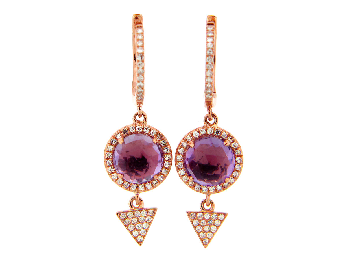 PINK AMETHYST & DIAMOND TRIANGLE CHARM EARRING, 14KR (H)