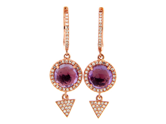 PINK AMETHYST & DIAMOND TRIANGLE CHARM EARRING, 14KR (H)