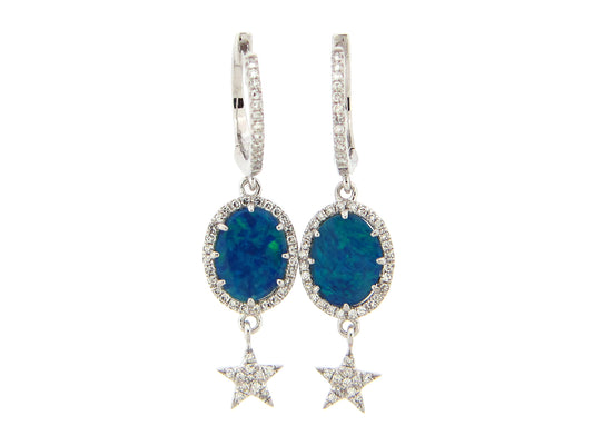 BLACK OPAL DOUBLET & DIAMOND STAR DANGLE EARRING