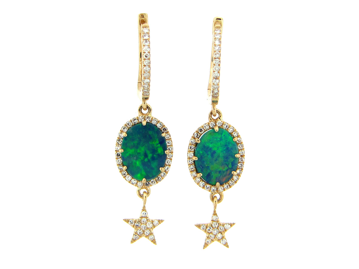 BLACK OPAL DOUBLET & DIAMOND STAR DANGLE EARRING