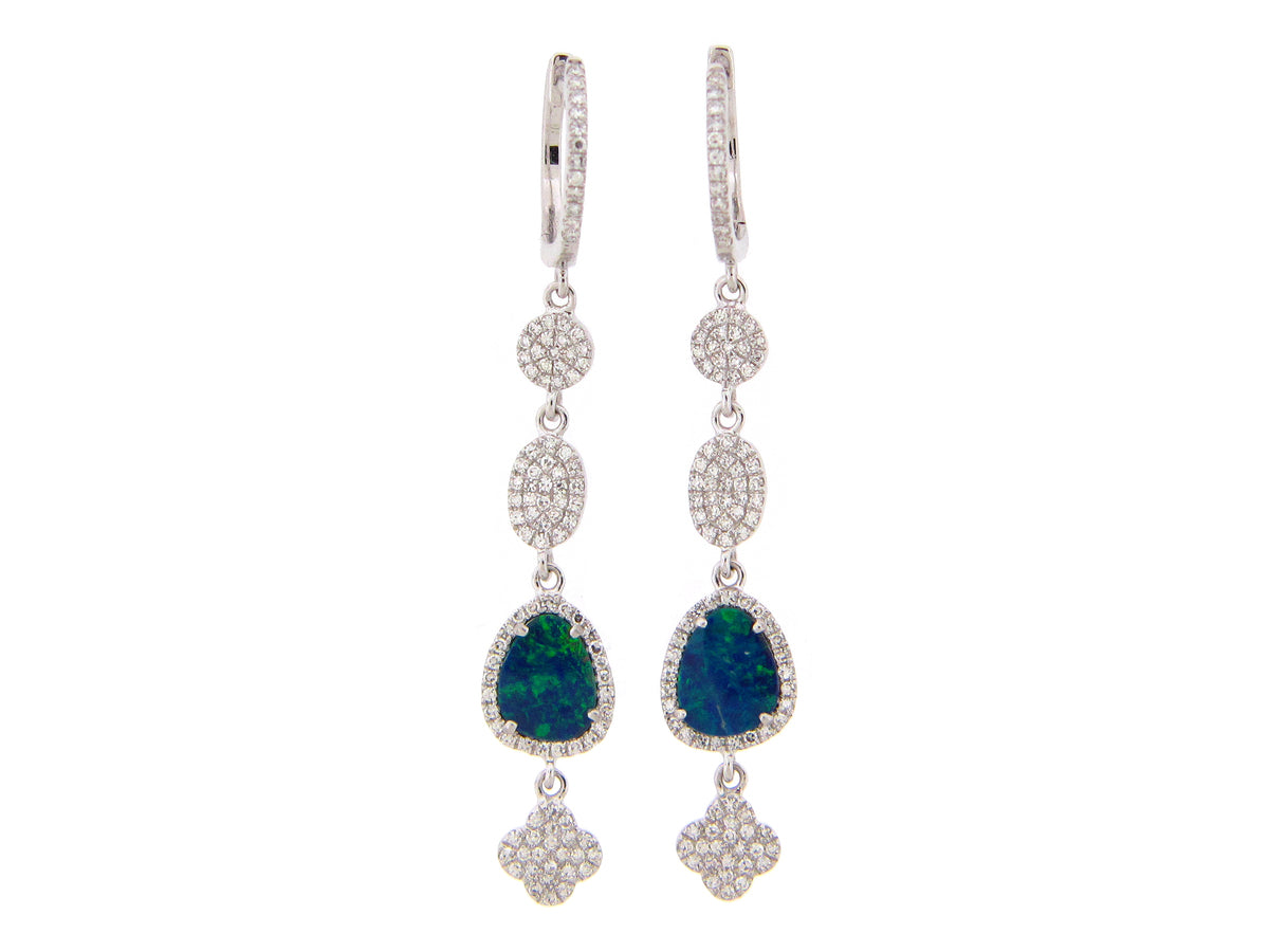 BLACK OPAL DOUBLET & DIAMOND ROUND OVAL SPADE DANGLE EARRING