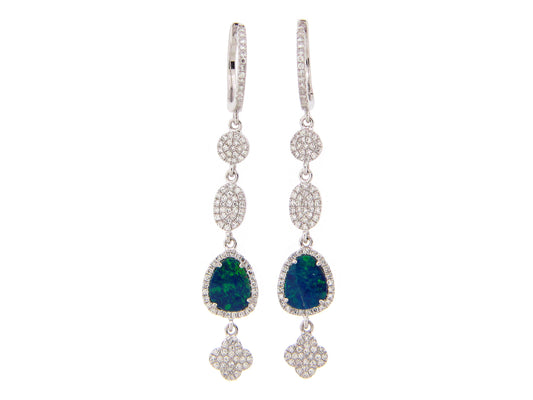 BLACK OPAL DOUBLET & DIAMOND ROUND OVAL SPADE DANGLE EARRING