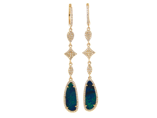 BLACK OPAL DOUBLET & DIAMOND PEAR STAR MARQUIS DANGLE EARRING