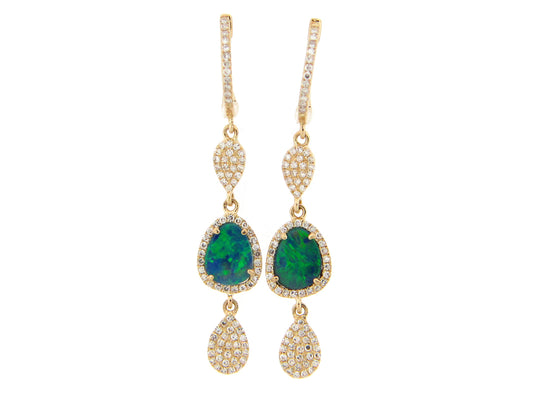 BLACK OPAL DOUBLET & DIAMOND PEAR DANGLE EARRING