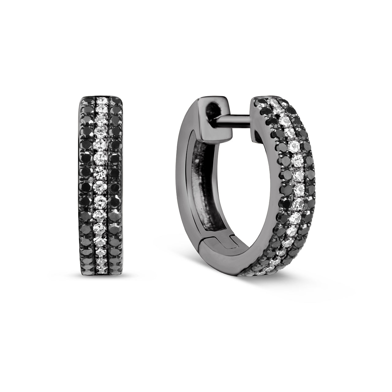 Black & White Diamond Pave 3 Row Huggie Earrings