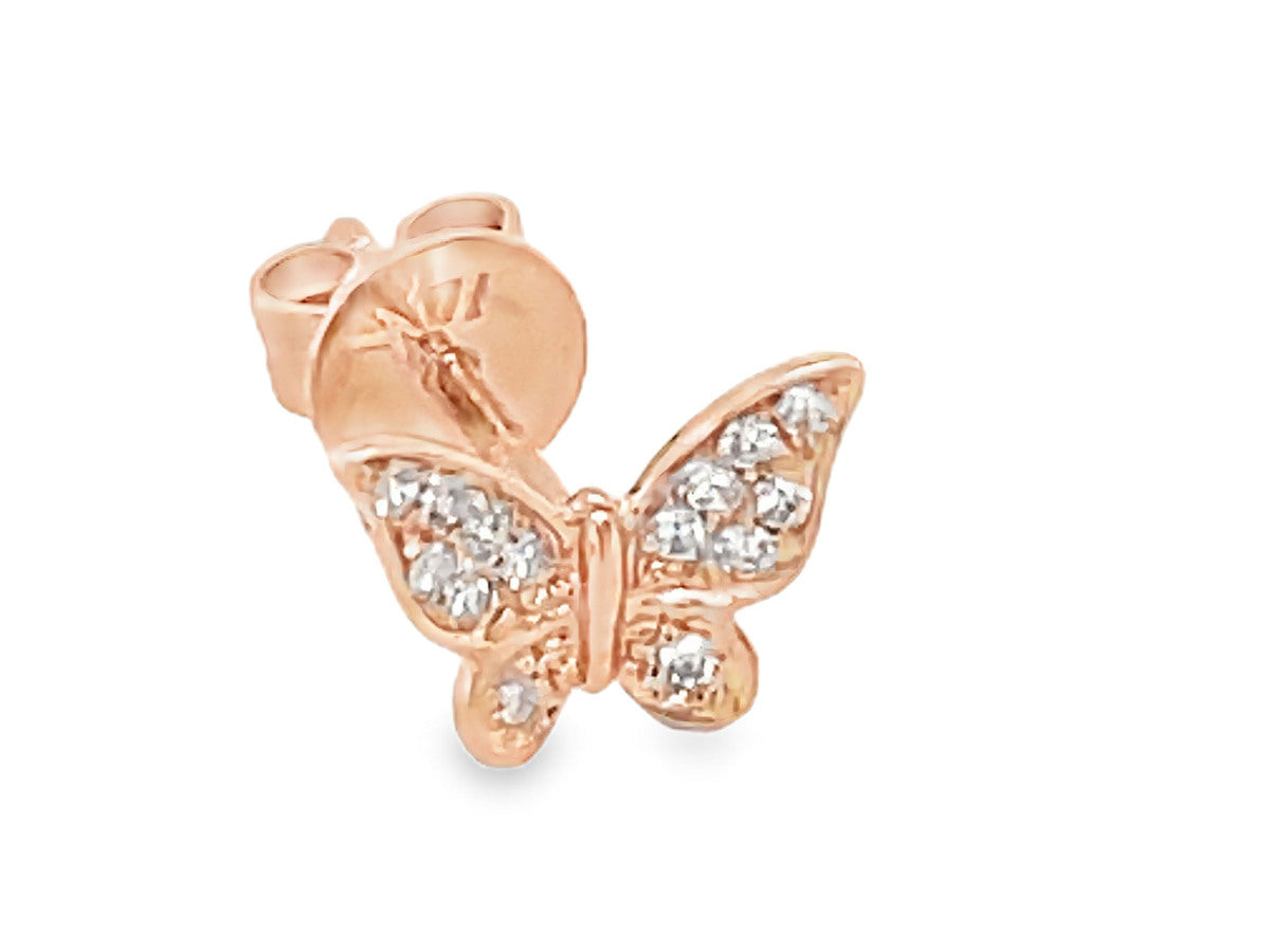 SINGLE DIAMOND BUTTERFLY STUD EARRING, 14KR, 8X6MM