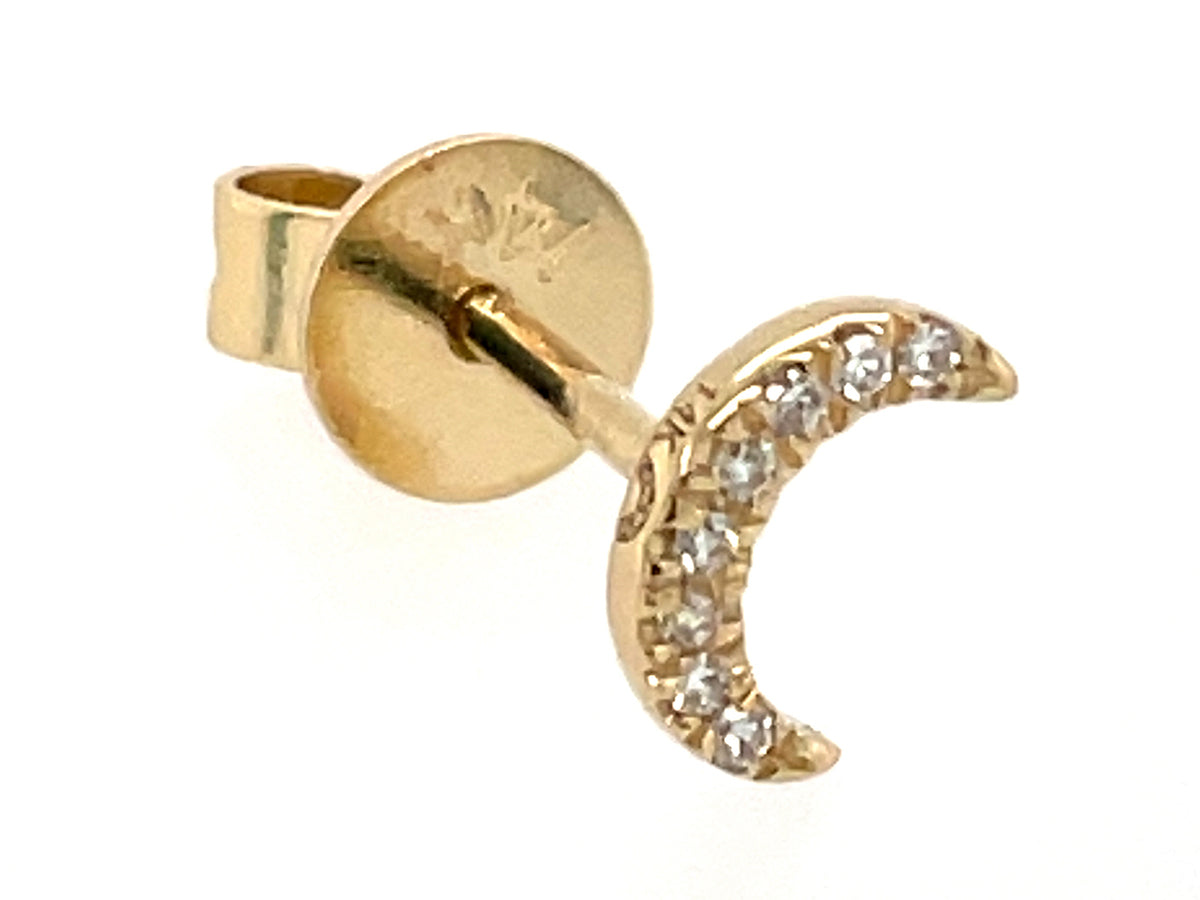 Single Diamond Crescent Moon Stud Earring, 14ky