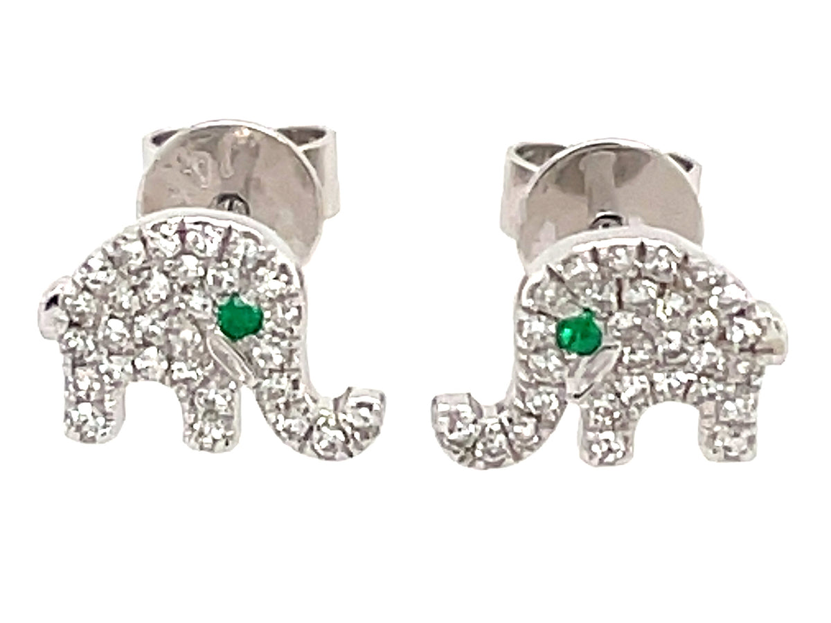 DIAMOND & EMERALD EYE ELEPHANT STUD EARRING, 14KW (O)