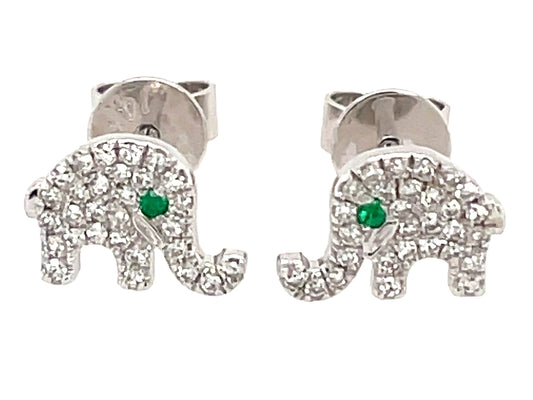 DIAMOND & EMERALD EYE ELEPHANT STUD EARRING, 14KW (O)