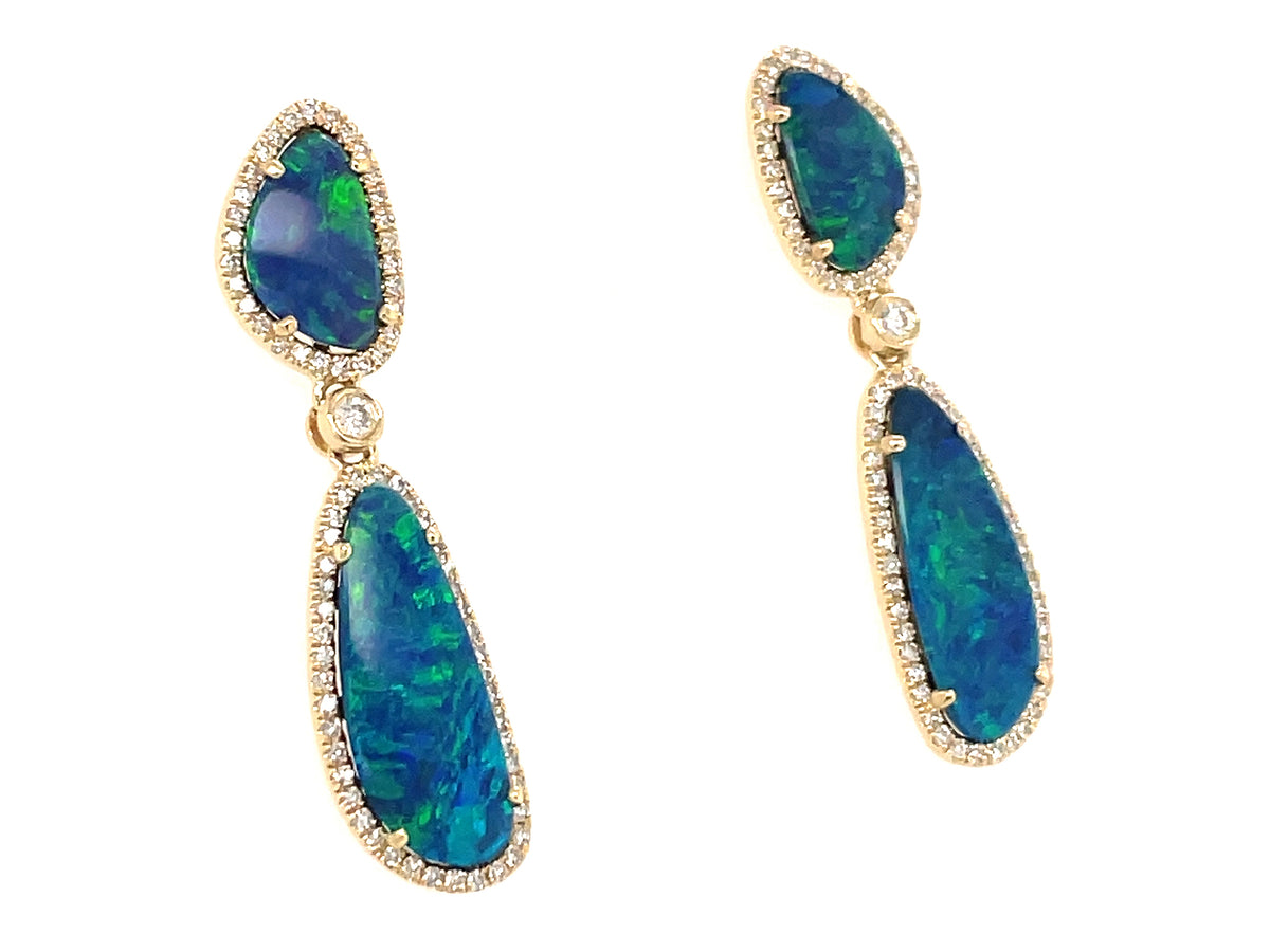 BLACK OPAL DOUBLET & DIAMOND 2 STATION DANGLE EARRING, 14KY (ASBL)