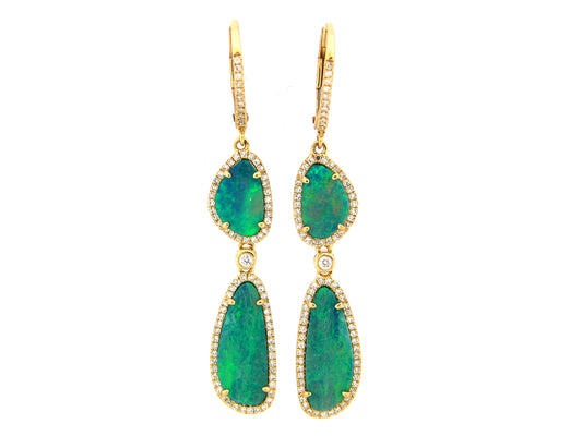 BLACK OPAL DOUBLET & DIAMOND 2 STATION EARRING, 18KY (ASBL)