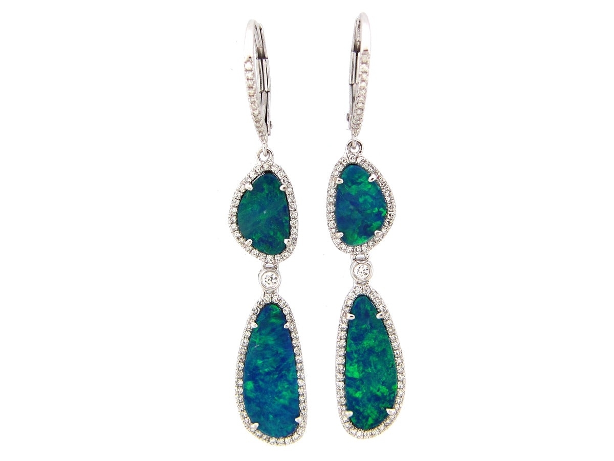 BLACK OPAL DOUBLET & DIAMOND 2 STATION EARRING, 18KW (ASBL)
