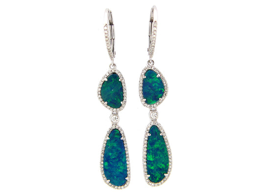 BLACK OPAL DOUBLET & DIAMOND 2 STATION EARRING, 18KW (ASBL)