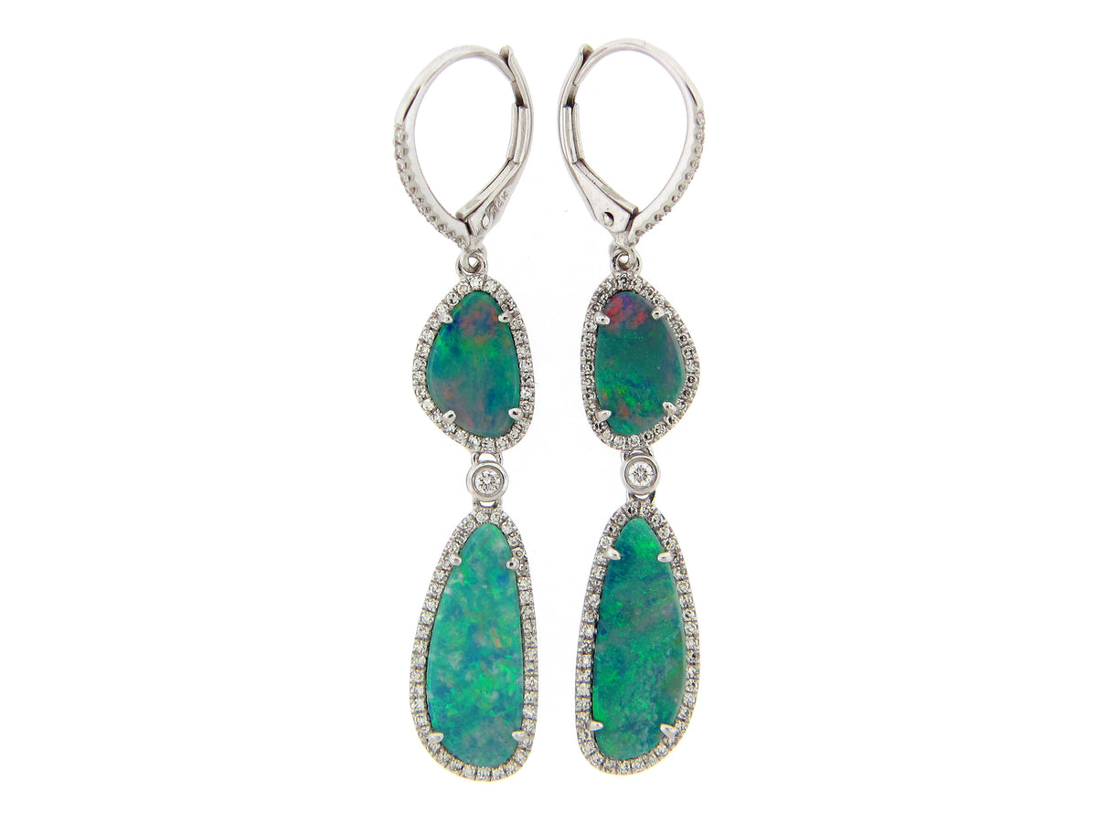 BLACK OPAL DOUBLET & DIAMOND 2 STATION EARRING