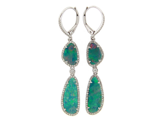 BLACK OPAL DOUBLET & DIAMOND 2 STATION EARRING