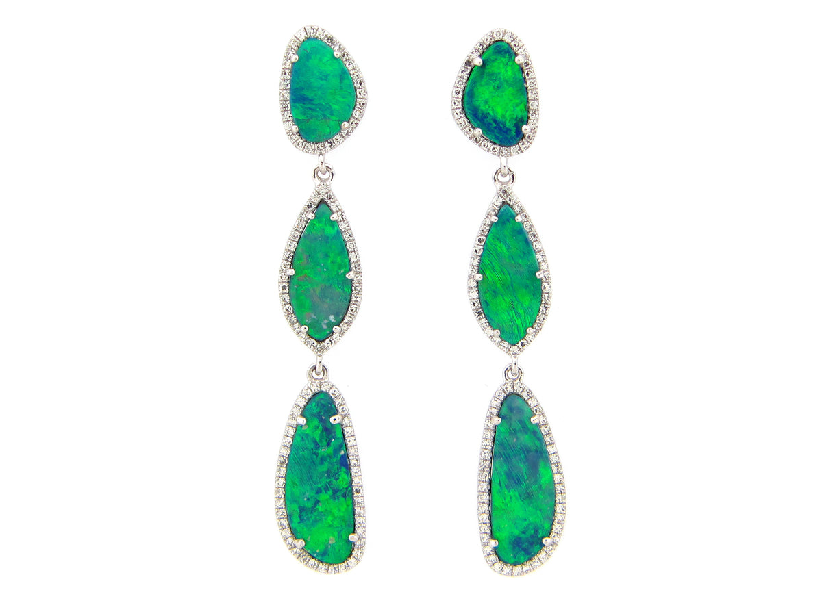 BLACK OPAL DOUBLET & DIAMOND 3 STATION DANGLE EARRING