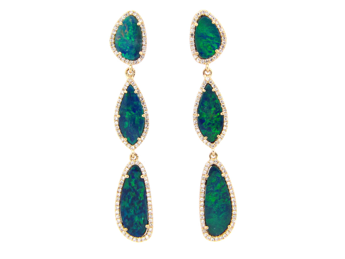 BLACK OPAL DOUBLET & DIAMOND 3 STATION DANGLE EARRING