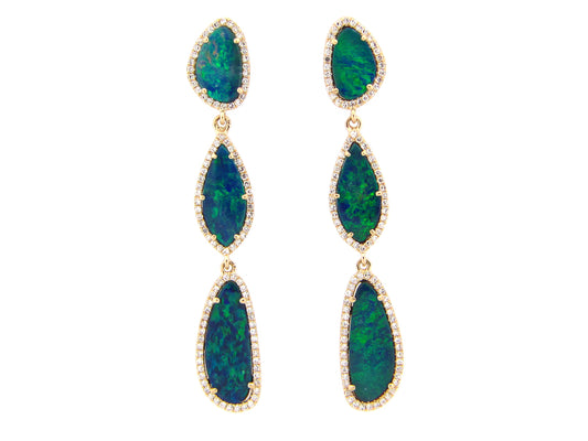 BLACK OPAL DOUBLET & DIAMOND 3 STATION DANGLE EARRING