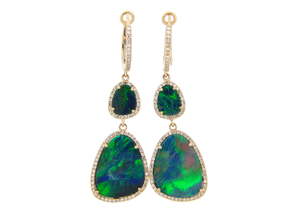 BLACK OPAL DOUBLET & DIAMOND 2 STATION DANGLE EARRING