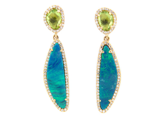 BLACK OPAL DOUBLET, PERIDOT & DIAMOND DROP EARRING, 14KY (ASBL)