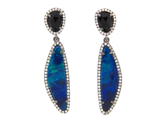 BLACK OPAL DOUBLET, BLACK ONYX & DIA EARRING, 14K BLACK FINISH (ASBL/D)