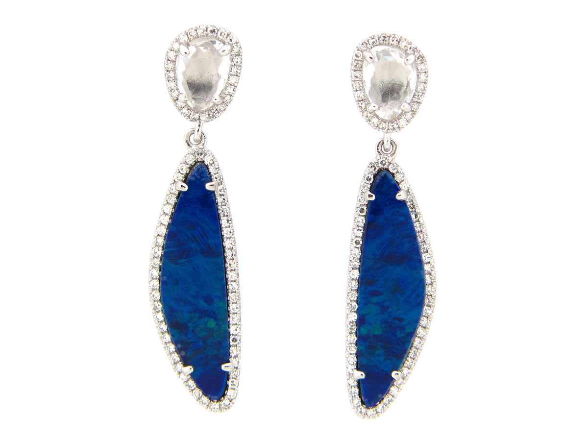 BLACK OPAL DOUBLET,WHITE TOPAZ & DIAMOND EARRING