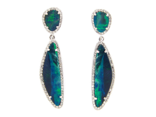 BLACK OPAL DOUBLET & DIAMOND 2 STATION DANGLE EARRING