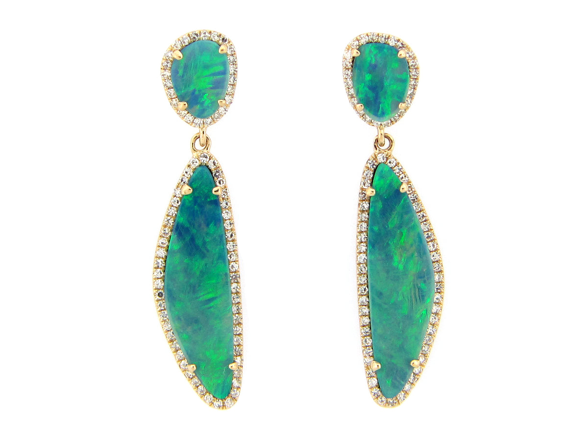 BLACK OPAL DOUBLET & DIAMOND 2 STATION DANGLE EARRING