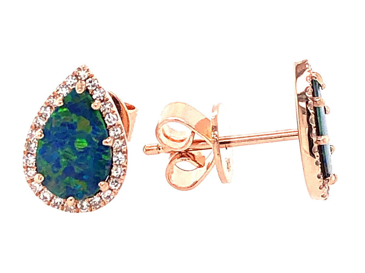 BLACK OPAL DOUBLET & DIAMOND PEAR EARRING